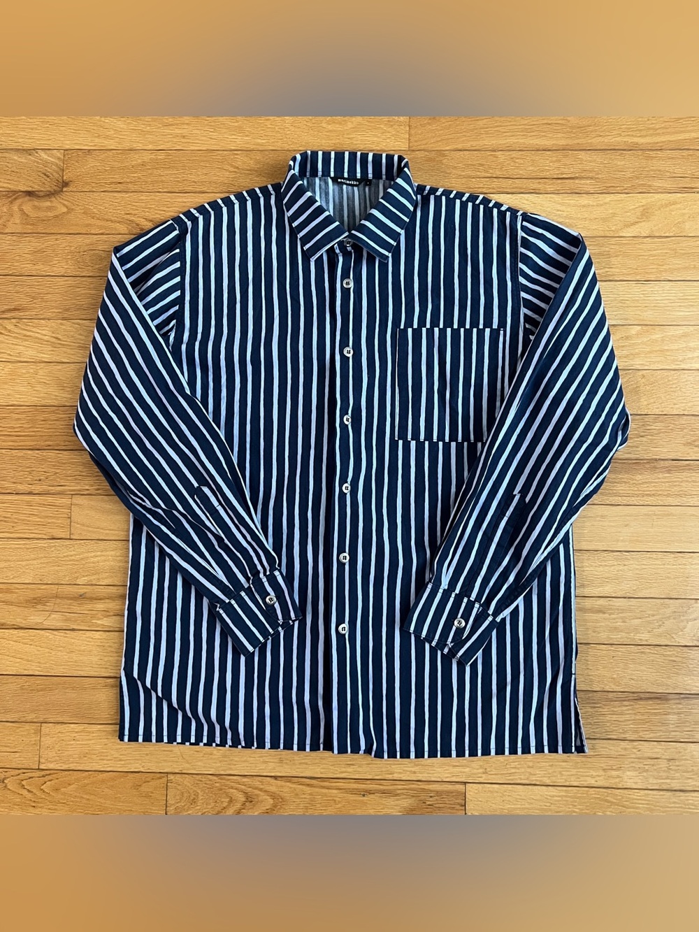 Marimekko Jokapoika Blue and White Striped Collared Button Up Shirt Small